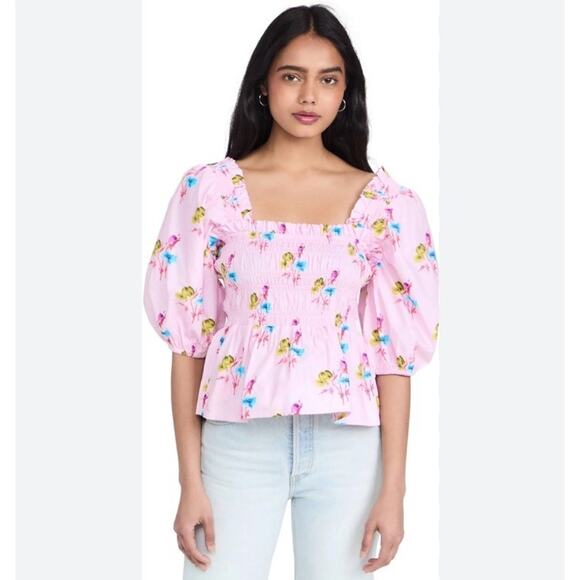 Ganni Lilac Floral Smock Top Square Neck Puff Sleeve Spring Size 44 New V13 - Picture 3 of 13